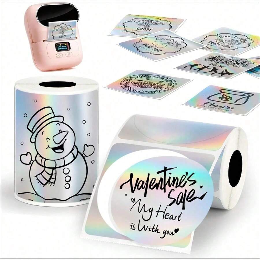 Holographic Silver/Gold/Purple Thermal Labels Paper For Phomemo M110 M200 M220 M221,50x50MM Round&Square,Waterproof Self-Adhesive Mini Printer Laser Stickers For DIY Glitter Labels/Thanks Card - Multicolor - View 1