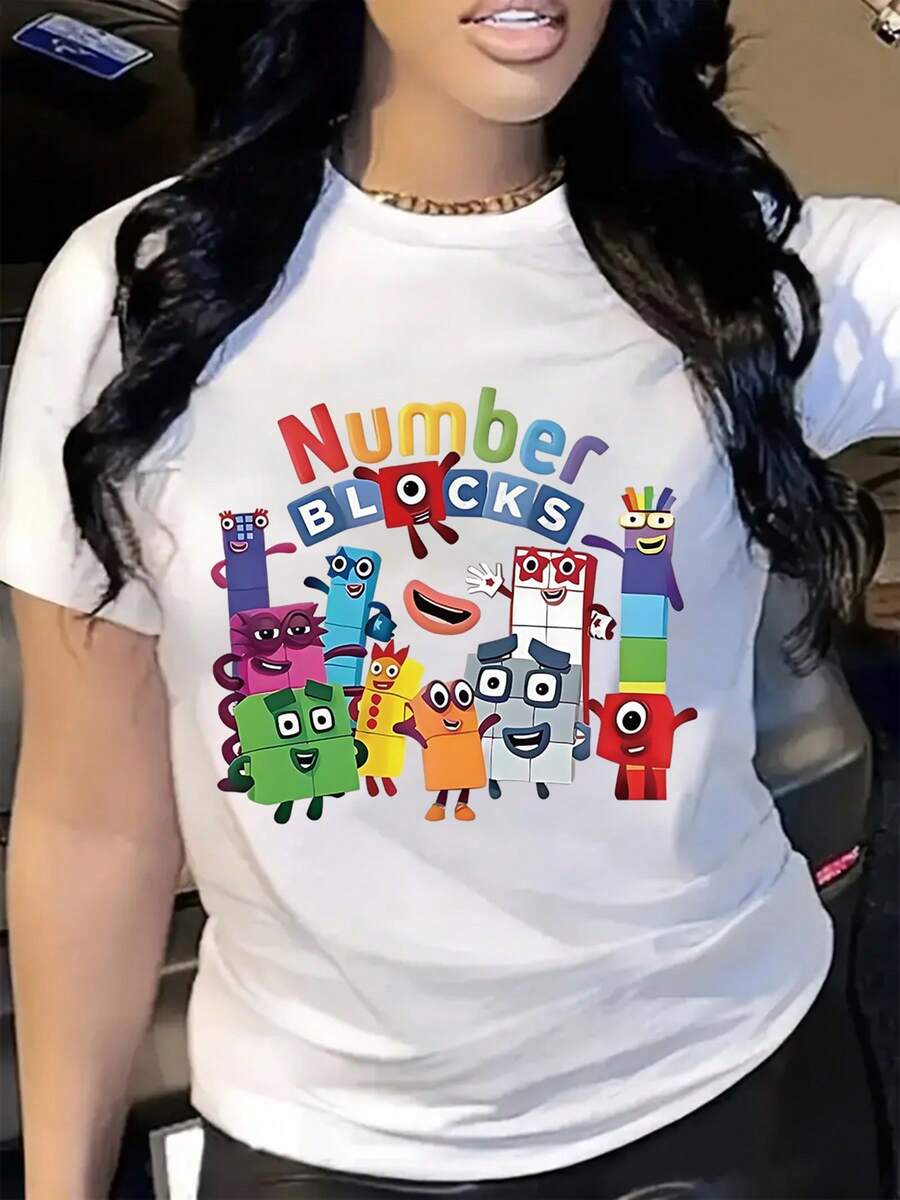 Women's Casual Short Sleeve T-Shirt With Cartoon Number Blocks Print - Vibrant Colorful Graphic Round Neck Top For Spring Summer Fall, Machine Washable Casual Attire, Ladies T Shirts, Seasonal Fashion, Playful Design, Comfortable Fit, Casual American Minimalist Women's Graphic Print Short Sleeve Crew Neck T-Shirt - 白色 - 查看 1