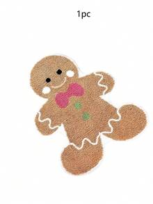 1pc Christmas Gingerbread Man Mat – Soft Faux Cashmere, Lightweight, Washable, Non-Slip & Fluffy | Festive Design With Pink Bowknot & Green Icing, For Christmas, Thanksgiving & Bedroom/Living Room Decor - Multicolor - View 6