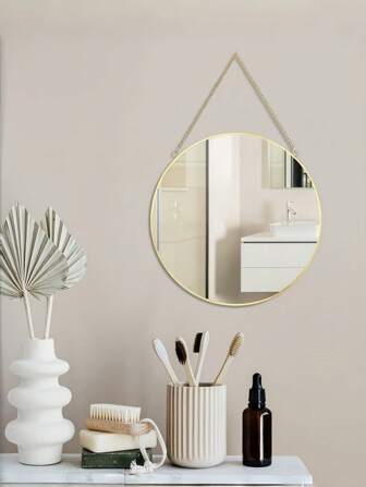 Gold Round Mirror With Chain, Metal Framed Small Wall Hanging Circle Bathroom Shower Mirror For Home, Office, Door