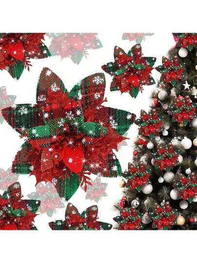 10 pezzi Decorazioni per albero di Natale, foglie rosse natalizie glitterate, fiori di Natale artificiali, decorazioni per albero di Natale con foglie rosse glitterate, per matrimonio natalizio, celebrazioni festive, fiori decorativi natalizi, decorazioni per feste