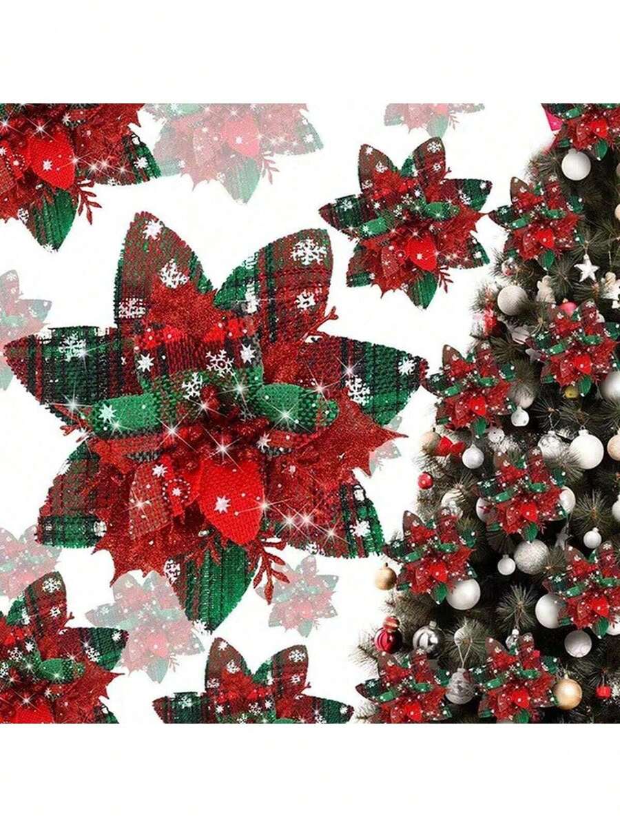 10 pezzi Decorazioni per albero di Natale, foglie rosse natalizie glitterate, fiori di Natale artificiali, decorazioni per albero di Natale con foglie rosse glitterate, per matrimonio natalizio, celebrazioni festive, fiori decorativi natalizi, decorazioni per feste