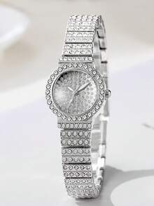 2 件女士钢表带水钻休闲手表和手链套装 - 銀色 - 查看 7