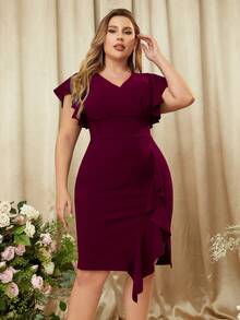 Plus V Neck Flounce Sleeve Contrast Ruffle Hem Evening Party Bodycon Dress - 紫紅色 - 查看 1