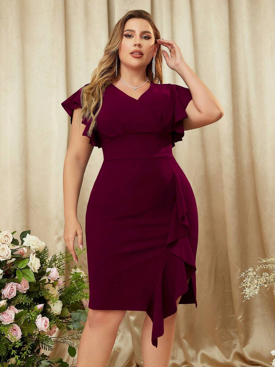 Plus V Neck Flounce Sleeve Contrast Ruffle Hem Evening Party Bodycon Dress - 紫紅色 - 查看 1