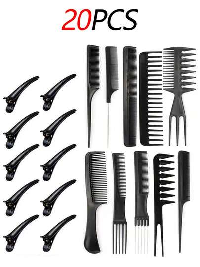 20/10 Peças Conjunto de Pente de Estilo de Cabelo Preto e Clipe de Pato, Pente de Salão de Beleza e Pincel de Maquiagem, Clipes de Pato de Salão de Cabeleireiro, Clipes de Seccionamento, Kit de Ferramentas de Estilo de Cabelo, Escova de Cabelo, Escova de Cabelo, Pentes de Cabelo, Barbeiro, Escova de Cabelo Liso, Pente de Cabelo, Escova de Cabelo Encaracolado, Escova Desembaraçante, Escova de Bola, Mini Escova de Cabelo, Produtos para Cabelo Encaracolado, Natal, Cabeleireiro, Pente de Madeira, Escova de Cabelo, Equipamento de Cabeleireiro, Penteado, Cabeleireiro, Escova de Cabelo, Conjunto de Escovas de Cabelo, Pente de Cabelo, Pente para Cachos, Escova Desembaraçante, Escova de Cabelo para Mulheres, Barbearia, Equipamento de Cabeleireiro