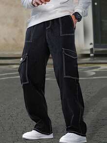 1 Quần Cargo dáng ôm màu trơn nhiều túi cho nam, thích hợp mặc đi biển mùa xuân/hè, đi nghỉ, đi làm hàng ngày, tập luyện, ngoài trời, thường ngày, tập thể dục, chạy bộ, quần ống đứng, thời trang dạo phố, mùa thu - màu đen - Xem 3