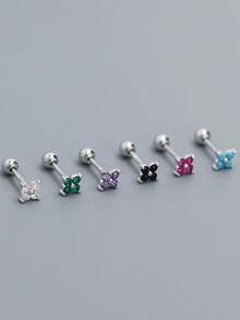 1PC S925 Sterling Silver Stud Earrings, Four-Leaf Clover Inlaid Zirconia Dopamine Series Piercing Stud Earrings, Ladies' Floral Zirconia Threaded Stud Earrings Layered Earrings - Single Earring - View 5