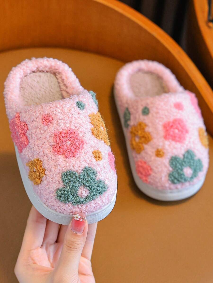 Pantuflas de niña para otoño/invierno, pantuflas acolchadas cómodas y cálidas con forro de peluche y bordado para niños pequeños/niños pequeños/niños mayores para interiores/exteriores
