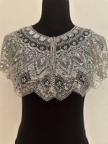 New Sequin & Beaded Shawl Collar Bolero Jacket, Glittering Short Formal Dress Outerwear, Retro Vintage Style, Gold Color - Multicolor - View 12