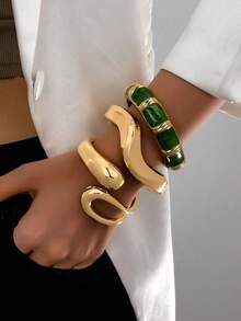 Bộ 3 chiếc/1 vòng tay hình giọt nước hình học sóng vàng thời trang tối giản, phù hợp cho nữ, chất liệu hợp kim kẽm và kim loại đặc dày mịn - Vàng - Xem 18