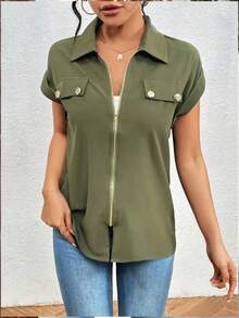 女士拉链纽扣翻领休闲衬衫 - 軍綠色 - 查看 3