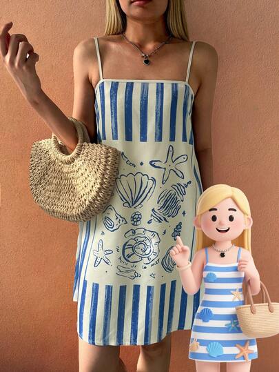 海洋星光夏季波西米亚休闲度假时尚沙滩女式条纹海洋贝壳/海星/海螺印花露背短裙毕业礼服