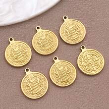 2pcs Stainless Steel Round Charm St Benedict Medals Cross Pendant Christian Metal Saint Pendant For Keychain Door Hanger Necklace DIY Jewelry Making - Gold - View 11