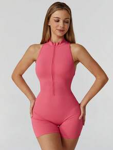 MASKERT Mono de yoga para mujer, mono deportivo de manga corta para ejercicio, de secado rápido y alta elasticidad - Rosado Sandía - Ver 6