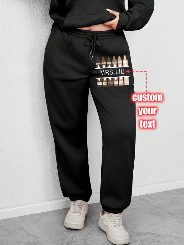 Customizable Women's Plus-Size Pajama Pants, Winter-Weight Flannel, Knit Fabric Featuring The "Mrs. " Pattern, Casual Style, Drawstring Waist, With Pockets, Elastic Polyester Fiber Material, Add Your Text (Quotes/Special Phrases/Humorous Phrases/Names/Slogans, Etc.), Fall, Cozy Outfit