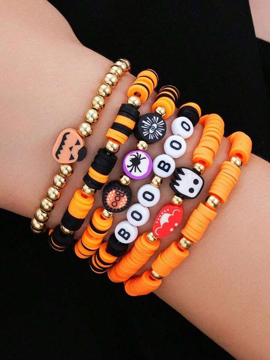 6pcs/Set New Halloween Themed Party Retro Ghost Pumpkin Polymer Clay Beaded Bracelet Set