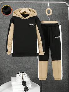2pcs/Set Teen Boys' Casual Crew Neck Colorblock Sweatshirt And Matching Sweatpants, Suitable For Autumn, Winter, Warmth, School, Home, Daily, Sports, Outing