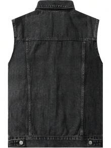 Men's Black Denim Vest, Denim Jacket, All Season - Black - View 2