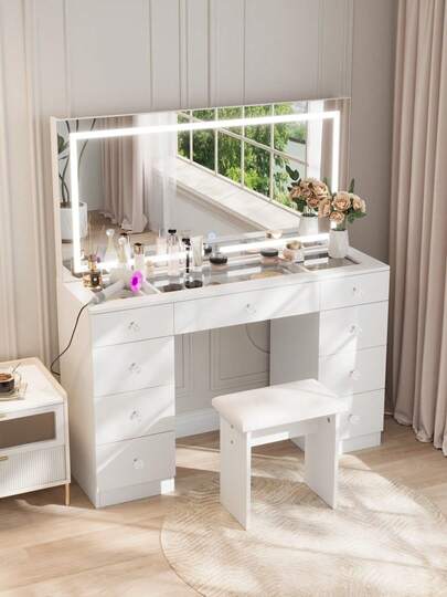 VOWNER 47.2" Large Vanity Desk With LED Lighted Mirror, Modern Makeup Vanity With Power Outlet, 9 Drawers And Soft Stool, 3 Color Light Modes, Brightness Adjustable, Bedroom Vanity Set Gifts For Girls Women, Halloween & Thanksgiving