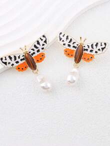 ZAA Faux Pearl Butterfly Earrings, Colorful Butterfly Earrings, Faux Pearl Pendant Earrings, Exaggerated Fashion Alloy Earrings, Elegant Party & Banquet Style For Women - Multicolor - View 3