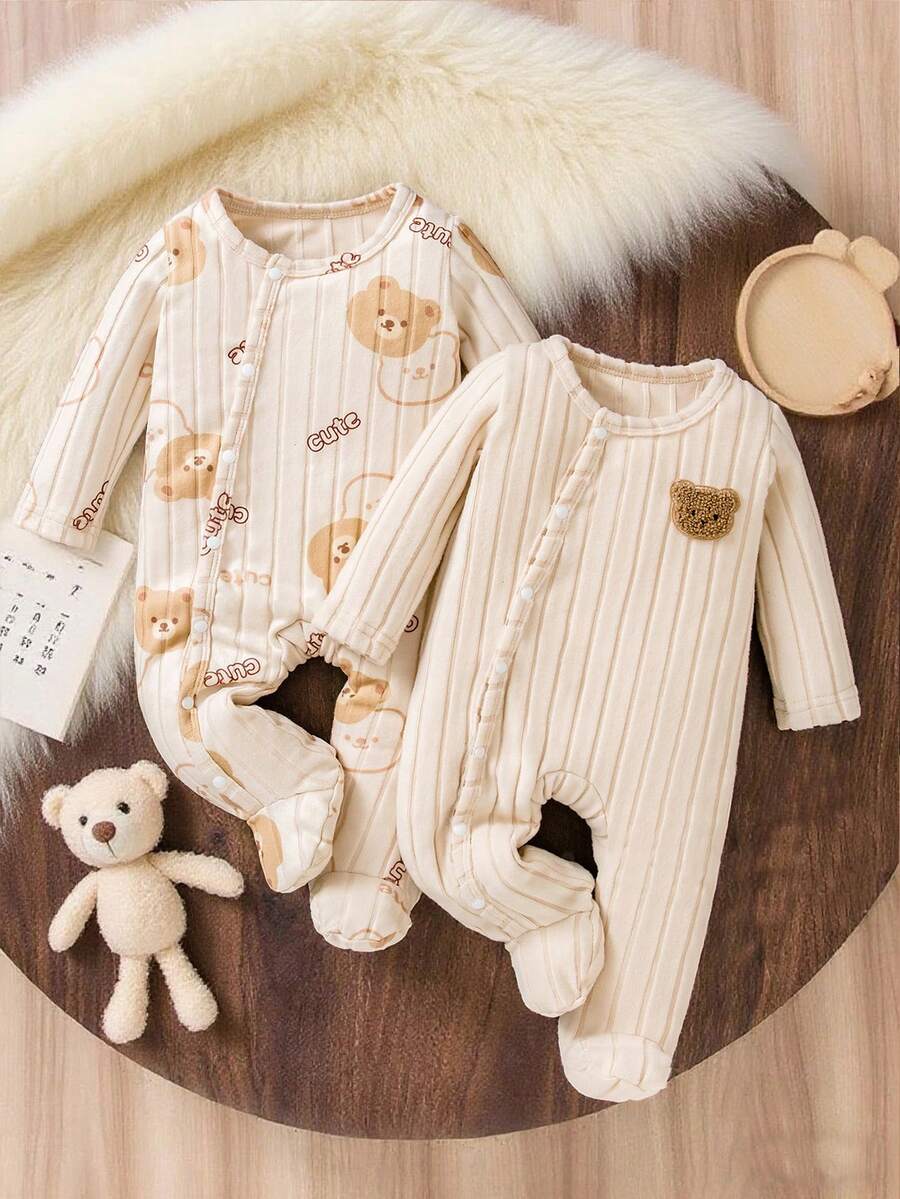 Bhchntiy 2件套婴儿秋冬新款可爱熊印花纯色毛绒罗纹圆领连脚裤休闲时尚服装 - 米色 - 查看 1