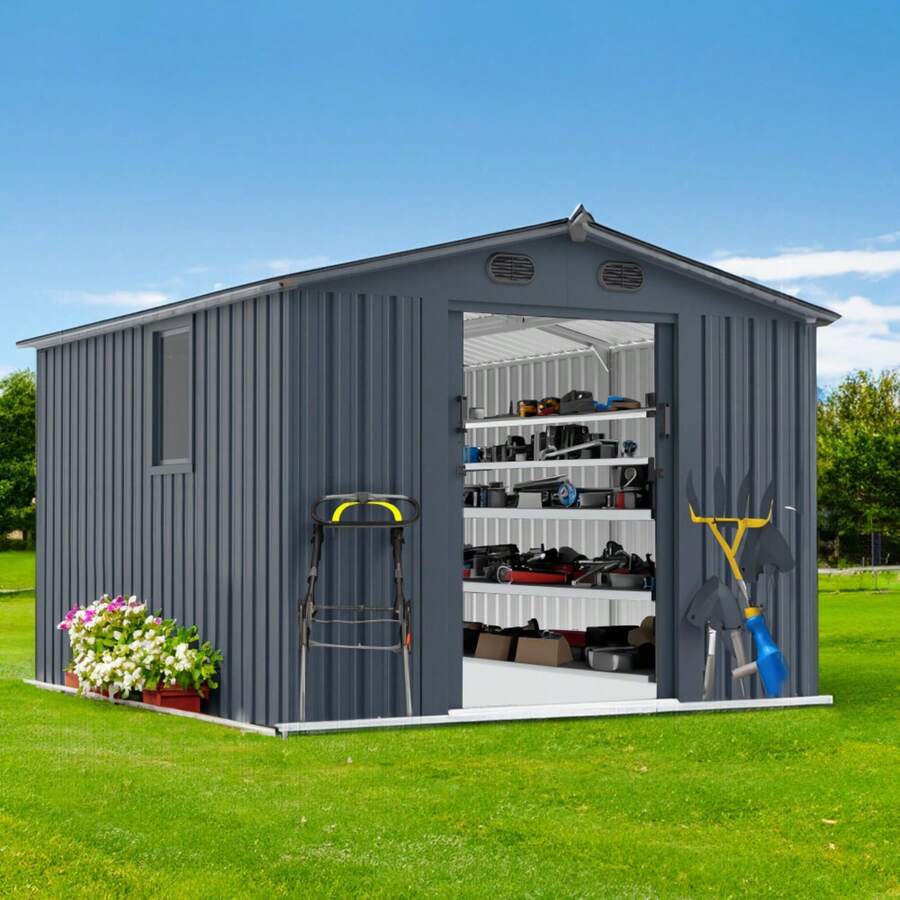 8x10 FT Outdoor Storage Shed, Large Metal Tool Sheds With Window And Lockable Doors, Garden Shed For Backyard Garden Patio Lawn, Dark Grey