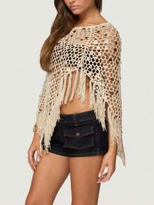 Women Sequin Embellishment Sheer Poncho Top Fringe Hem Off Shoulder See-Through Lightweight Knit Crochet Shrug Bolero Mesh Batwing Sleeve Sweater Fishnet Shawl Beach Cover Up Pullover Beachwear - 米色 - 查看 2