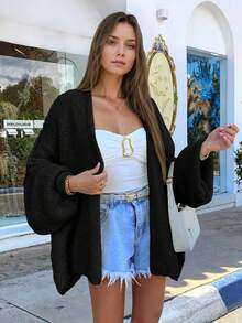 Women's Casual Loose Cream Yellow Homecoming Basic Cardigan Sweater, Suitable For Daily, Tea Party, Travel, Autumn/Winter Black - Black - View 4