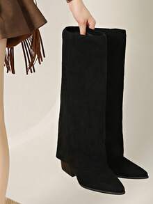 秋冬卡其色阔腿裤女筒靴，2024年夏季新品，尖头直筒高筒靴，西部牛仔靴，及膝靴 - 黑色 - 查看 10