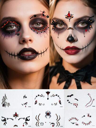 6 张万圣节吸血鬼主题脸部贴纸 - 珠宝和泪血设计脸部宝石，临时纹身风格服装装饰，非常适合节日派对和恐怖妆容（6 件/1 件）