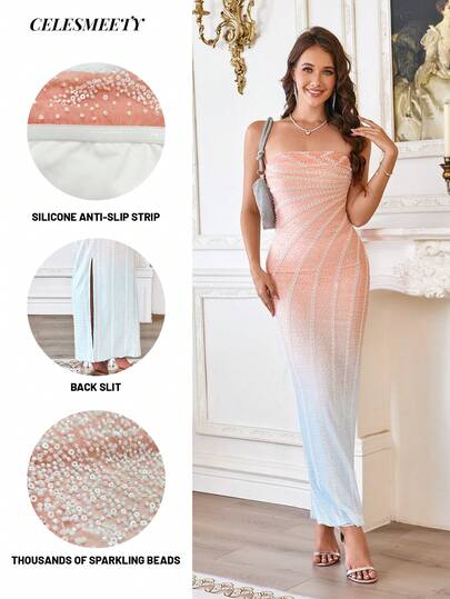 优雅粉色浅蓝色渐变抹胸长款超长连衣裙女式新娘送礼会礼服浪漫薄纱露肩紧身亮片连衣裙