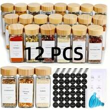 12pcs 40oz Square Seasoning Canisters, Pepper Powder Bottles 120ml Bamboo/Wood/Glass Condiment Jars Set - Clear - View 4