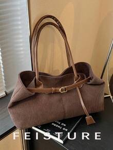 1 件全新灯芯绒面料肩带装饰大容量单肩包，磁扣，适合日常外出、约会、通勤 - 咖啡 - 查看 11