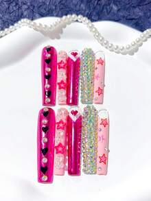 10pcs Y2K Handmade Extended Coffin-Shaped Pink Star & Cute Bear French Press-On Nail Stickers, Pink Star Pattern, Black Heart, Full Rhinestone Covered, Luxury Glitter; Nail Art Supplies, Acrylic Press-On Nail Stickers, DIY Nails, Nail Art, Acrylic Fake Nails; Suitable For Vacation, Birthday, Party, Daily Wear; Includes 1pc Nail Sticker Sheet And 1pc Mini Nail File - Pink - View 3
