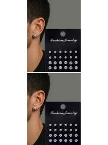 24-48pcs/Set Simple Punk Geometric Round, Square, Heart, Triangle, Five-Pointed Star Zirconia Earrings Suitable For Men, Suitable For Gorgeous Parties, Festivals, Vacations, Music Events, Couples, Gatherings, Dates, Gifts, Casual Wear