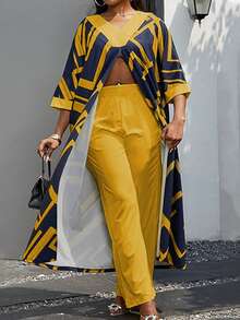 女裝休閒2件組V領中袖長版印花上衣和彈性腰長褲套裝