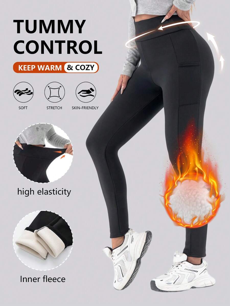 1 件女士羊毛内衬保暖裤，涤纶弹力高腰运动裤，带侧袋，适合寒冷天气，成人女士秋冬紧身打底裤