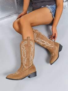 1双女士优雅时尚套脚靴，棕色刺绣西部靴，高跟刺绣西部靴，时尚刺绣牛仔靴，秋冬季套脚中筒平底靴，适合派对穿着 - 棕色 - 查看 3