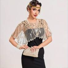 1pc 1920s Elegant Vintage Sequin Shawl, Beaded Embroidered Lace Trim Versatile Capelet Shawl, Breathable Women Party Dress Accessory Shawl/Bolero, Fashion Party Evening Gown Accessory