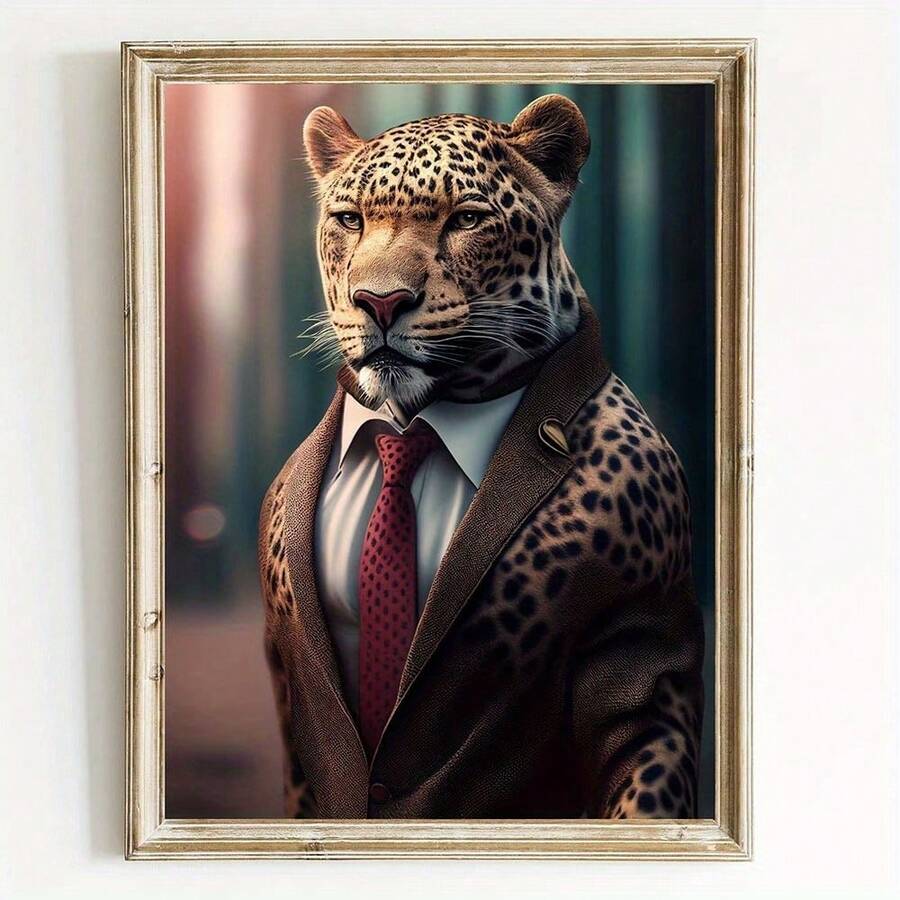 1 pièce Impression sur canevas sans cadre - Portraits d'animaux modernes en tenue noire, décoration murale de haute qualité pour le salon, la chambre à coucher, le bureau à domicile - Illustrations de chimpanzé, zèbre, jaguar, panthère, renard, cerf, art mural animalier