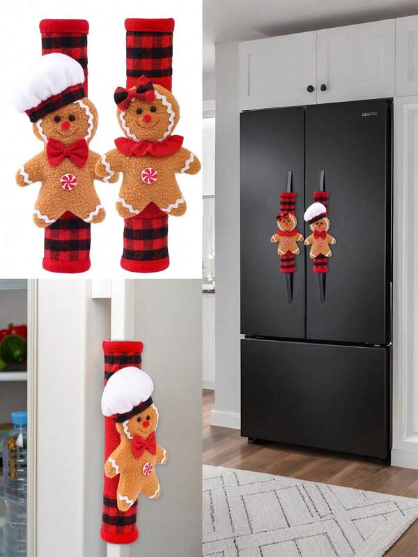 2pcs-Christmas Gingerbread Man Refrigerator Door Handle Cover, Fashionable Personalized Oven Handle Cover, Christmas Fridge Decor, Christmas Refrigerator Door Handle Cover, Christmas Microwave Handle Covers Decor, Christmas Micro-Wave Oven Decorative Items, Christmas Gifts, Creative And Cute Decoration, Suitable For Home Decoration