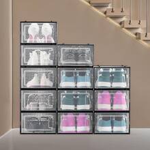 Shoe Storage Boxes, 12 Pack Stackable Shoe Boxes Storage Organizers, Fit Up To US Size 11, Plastic Modular Space Saving Sneaker Containers For Storing High Heels, Boots, And Hats, Black Frame - Black - View 9