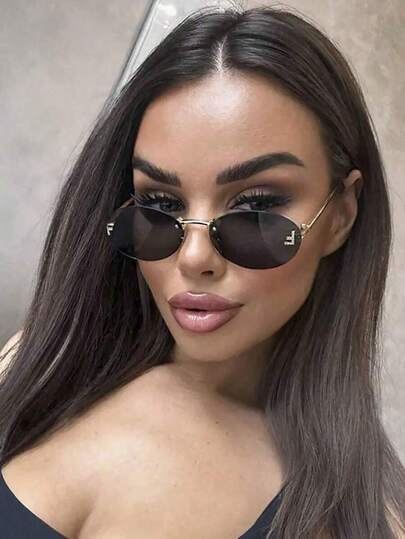 1 Pair Women's Champagne Oval Frameless Metal Leg Edgy Small Frame Fashion Eyeglasses, Suitable For Everyday Wear