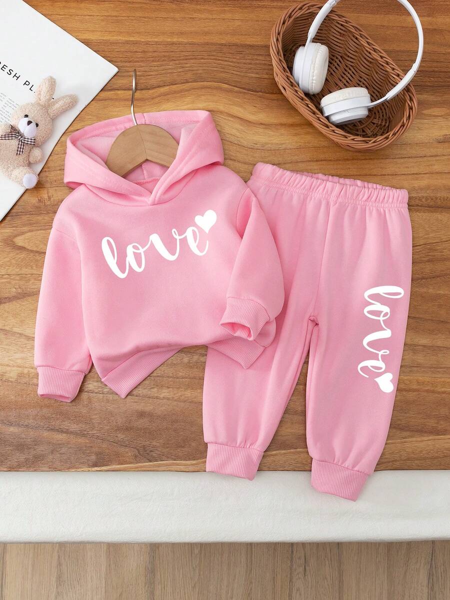 2pcs Baby Girls' Casual Cute Letter & Heart Print Hoodie Sweatshirt And Pants Set, Autumn/Winter