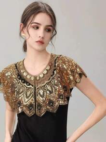 New Sequin & Beaded Shawl Collar Bolero Jacket, Glittering Short Formal Dress Outerwear, Retro Vintage Style, Gold Color - Multicolor - View 11