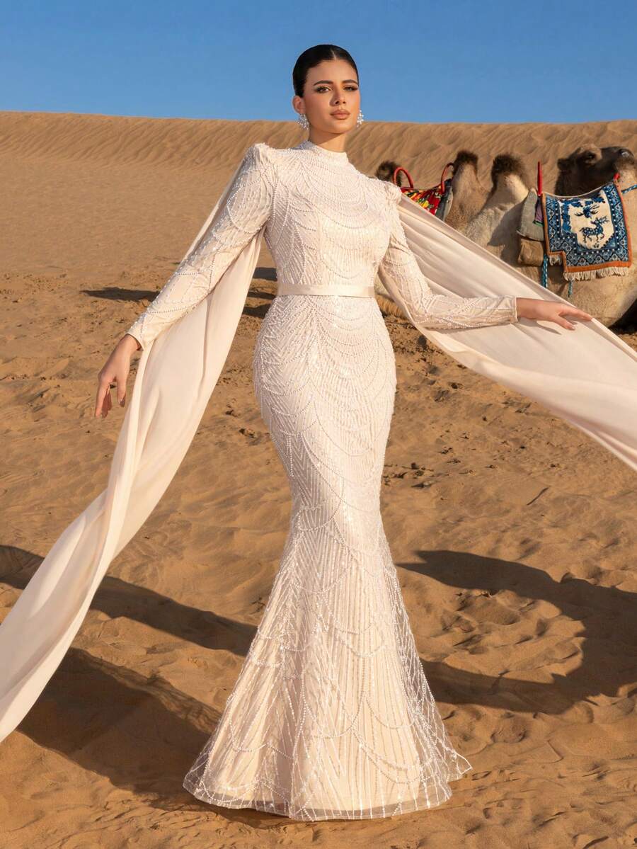 Faeriesty Langärmeliges Abendkleid mit Stehkragen, fließendem Cape und Fischschwanzsaum - geeignet für Galas, rote Teppiche, Hochzeiten, formelle Abendessen und andere formelle Anlässe