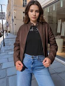 Giolshon Women's Autumn Winter PU Biker Jacket Street Inspired Design With Zip Pockets Ideal For Urban Commuting Travel Blending Style Practicality Spring - Dark Brown - View 5