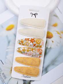 6件儿童发夹，印花婴幼儿女孩发夹，防滑包裹式发夹，花朵发夹，女孩发饰