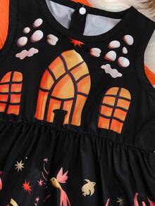 2pcs/Set Girls Halloween Castle & Bat Print Round Neck Sleeveless Dress And Short Sleeve Jacket Outfit - Multicolor - View 5